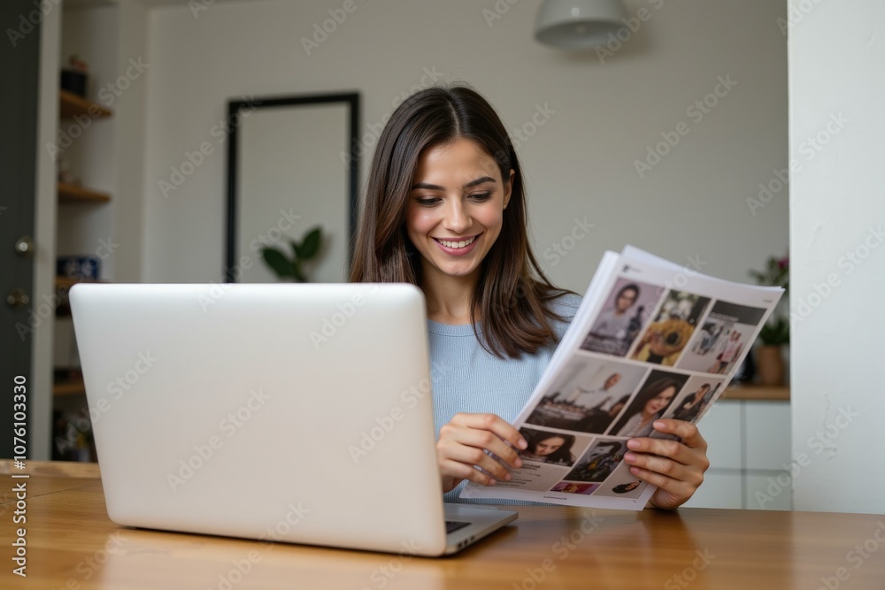 Young Woman Smiling While Holding Photo Album and Using Laptop at Home Office, Perfect for Selling Online Business Concept Young Woman Smiling While Holding Photo Album and Using Laptop at Home Office, Perfect for Selling Online Business Concept