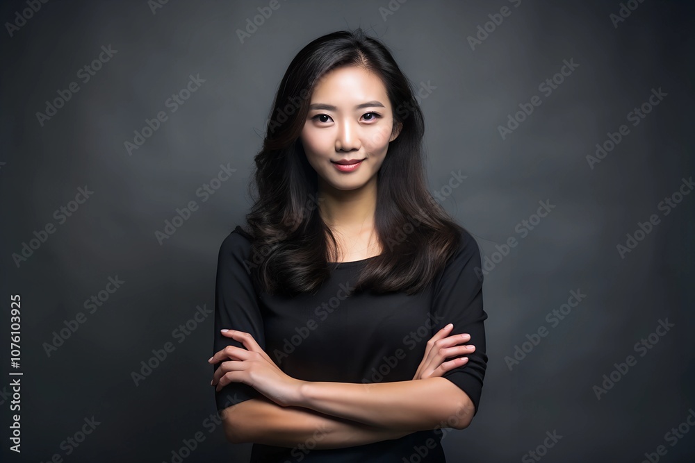 Portrait of a young Asian woman wearing a black shirt, exuding confidence and style, ideal for various projects. The composition allows for ample copy space Portrait of a young Asian woman wearing a black shirt, exuding confidence and style, ideal for various projects. The composition allows for ample copy space