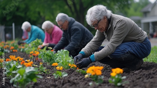 group of elderly individuals enjoying a gardening session in a community garden