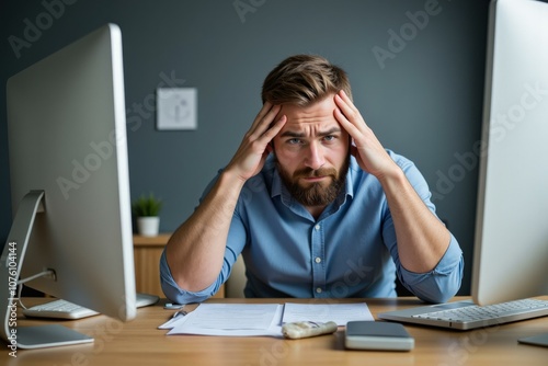 Stressed Office Worker at Desk with Computer and Papers, Blue Shirt, Frustrated and Tired at Work photo