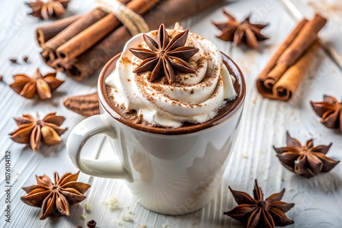 Hot Chocolate with Whipped Cream, Star Anise, and Cinnamon Sticks