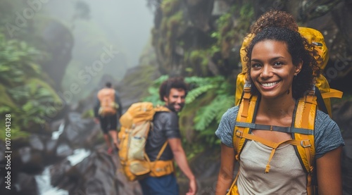 Black woman and her boyfriend hiking in mountains. 