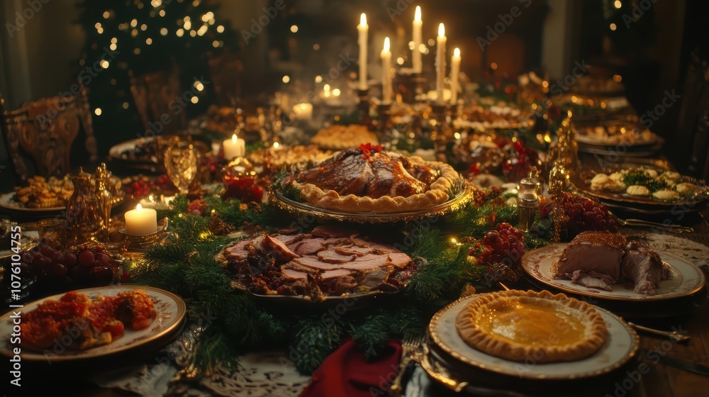 A joyful, laughter-filled holiday feast set on a long table, with platters of roast meats, pies, and vegetables, surrounded by festive decorations and candles. A joyful, laughter-filled holiday feast set on a long table, with platters of roast meats, pies, and vegetables, surrounded by festive decorations and candles.