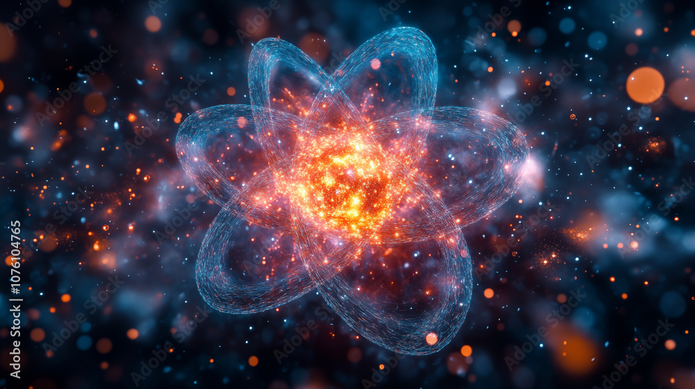 Abstract atomic structure with glowing energy core, quantum physics visualization Abstract atomic structure with glowing energy core, quantum physics visualization