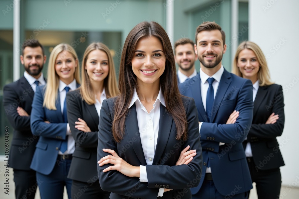 Confident Business Team in Professional Attire Posing Together in Modern Office Setting, Perfect for Corporate Marketing and Branding Confident Business Team in Professional Attire Posing Together in Modern Office Setting, Perfect for Corporate Marketing and Branding