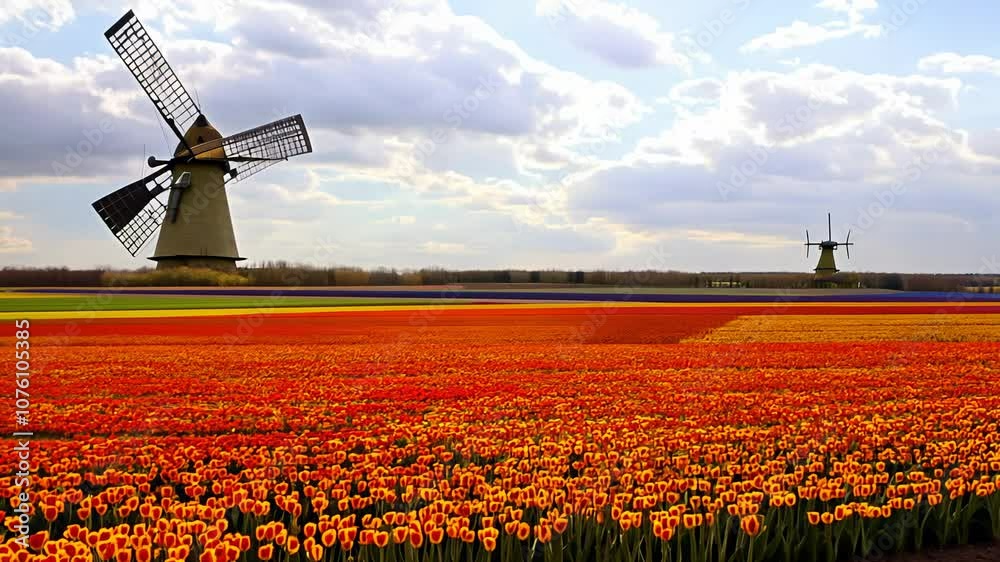 Camera pans across a field of tulips during the tulip festival in a dutch countryside with windmills under a partly cloudy sky