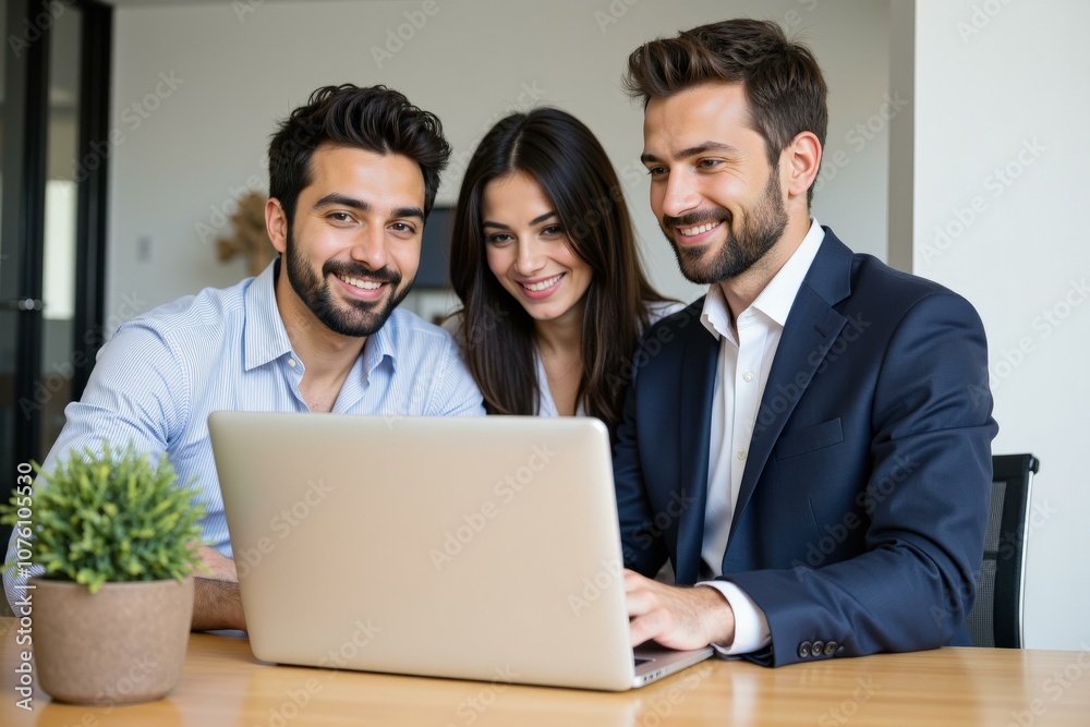 Happy Business Team Working Together on Laptop in Modern Office Setting, Collaboration and Success Concept Happy Business Team Working Together on Laptop in Modern Office Setting, Collaboration and Success Concept