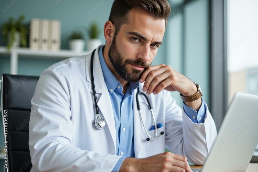 Professional Doctor Working on Laptop in Modern Medical Office, Focused and Dedicated, Ideal for Healthcare and Medical Concepts Professional Doctor Working on Laptop in Modern Medical Office, Focused and Dedicated, Ideal for Healthcare and Medical Concepts