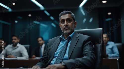 A Man in a Suit Sits Pensively in a Modern Conference Room During an Important Meeting, While Colleagues Attentively Observe His Every Expression