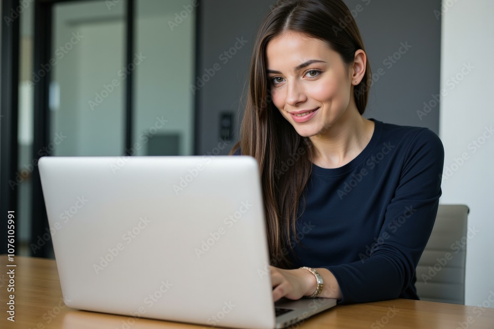 Professional Woman Working on Laptop in Modern Office Setting, Ideal for Business and Technology Websites Professional Woman Working on Laptop in Modern Office Setting, Ideal for Business and Technology Websites