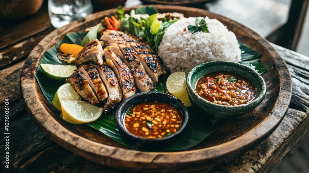 Grilled Chicken Dish with Rice and Sauces on Plate Grilled Chicken Dish with Rice and Sauces on Plate