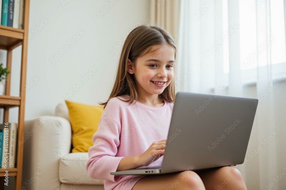 Young Girl Using Laptop in Cozy Living Room Perfect for Educational or Family Themed Stock Photos Young Girl Using Laptop in Cozy Living Room Perfect for Educational or Family Themed Stock Photos