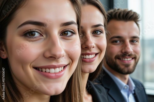 Professional Business Team Smiling Together in Office Setting, Perfect for Corporate Marketing and Company Websites