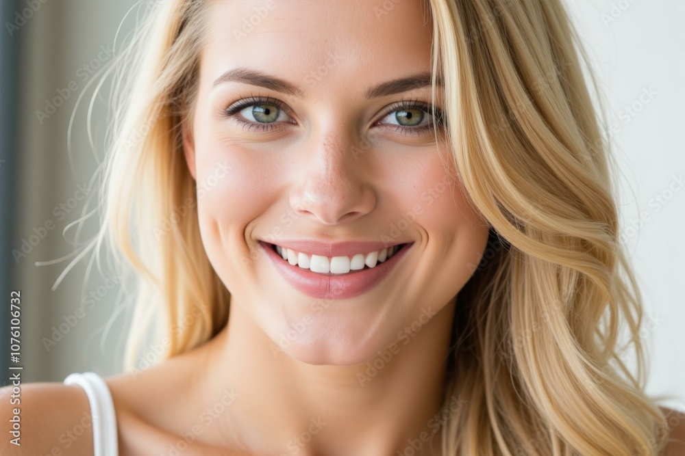 Beautiful Blonde Woman Smiling Radiantly Perfect for Advertising Cosmetics and Beauty Products Beautiful Blonde Woman Smiling Radiantly Perfect for Advertising Cosmetics and Beauty Products