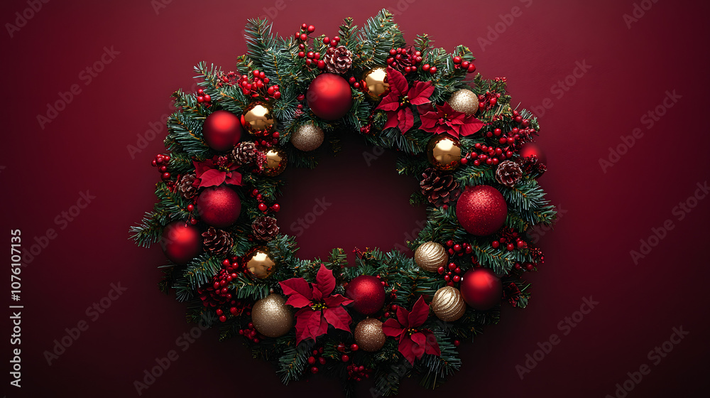 A festive Christmas wreath with vibrant decorations on a rich red background, capturing the essence of holiday cheer and celebration, featuring classic ornaments, ribbons, and seasonal greenery, perfe A festive Christmas wreath with vibrant decorations on a rich red background, capturing the essence of holiday cheer and celebration, featuring classic ornaments, ribbons, and seasonal greenery, perfe