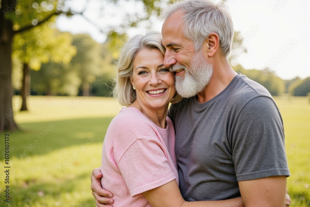 Heartwarming Senior Couple Embracing in Park: Perfect for Family Albums, Greeting Cards, and Inspirational Artwork Heartwarming Senior Couple Embracing in Park: Perfect for Family Albums, Greeting Cards, and Inspirational Artwork