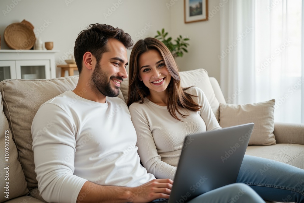 Happy Couple Enjoying Quality Time Together on Sofa Using Laptop in Cozy Living Room Perfect for Advertising Family and Relationship Products Happy Couple Enjoying Quality Time Together on Sofa Using Laptop in Cozy Living Room Perfect for Advertising Family and Relationship Products