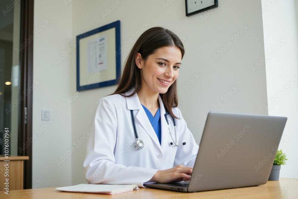 Professional Doctor Working on Laptop in Office Setting, Ideal for Medical or Business Websites, Promoting Healthcare Services Professional Doctor Working on Laptop in Office Setting, Ideal for Medical or Business Websites, Promoting Healthcare Services