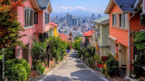 Beautiful Street View of Colorful Houses in Urban Setting