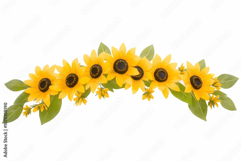Naklejka premium Bright and Cheerful Sunflowers in a Graceful Arrangement Featuring Lush Green Leaves for a Vibrant and Fresh Floral Decoration on a Clean Background