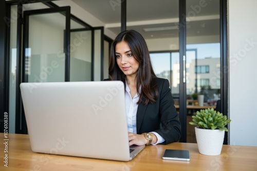 Professional Woman Working on Laptop in Modern Office Setting, Ideal for Business and Technology Websites photo