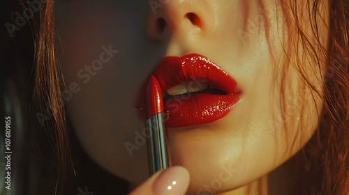 Close-up of a girl carefully applying striking red lipstick, neutral backdrop enhancing focus, warm and diffused light creating a glow on her skin, photorealistic detail, high-definition quality,