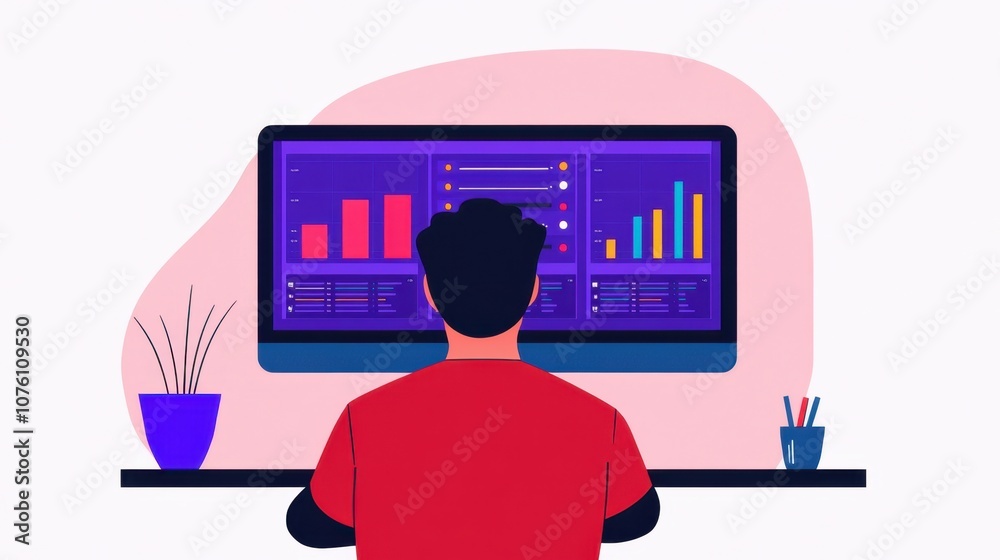 A person analyzing data on a computer, with colorful graphs displayed on the screen, surrounded by office supplies and a plant. A person analyzing data on a computer, with colorful graphs displayed on the screen, surrounded by office supplies and a plant.