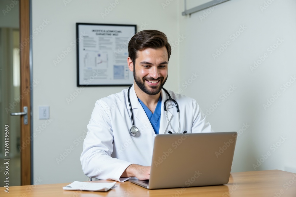 Smiling Doctor Using Laptop in Office Setting, Ideal for Medical Website Design, Doctor's Office Decor, or Healthcare Marketing Materials Smiling Doctor Using Laptop in Office Setting, Ideal for Medical Website Design, Doctor's Office Decor, or Healthcare Marketing Materials