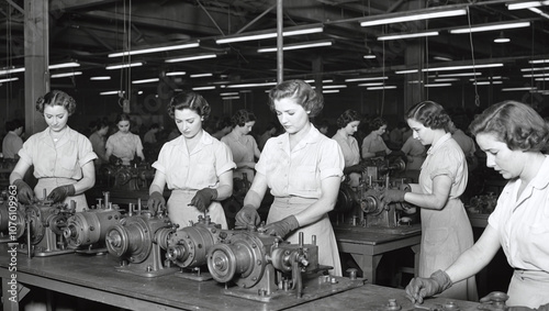 Vintage image of women factory workers assembling machinery in a busy World War II factory