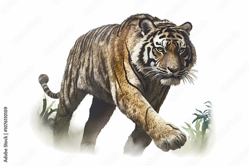 Obraz premium Majestic Tiger Walking Through Lush Greenery in an Artistic Illustration, Capturing the Beauty and Power of One of Nature's Most Iconic Big Cats