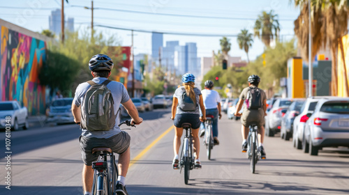 Cyclists enjoy a sunny ride through a vibrant urban street lined with colorful murals, AI