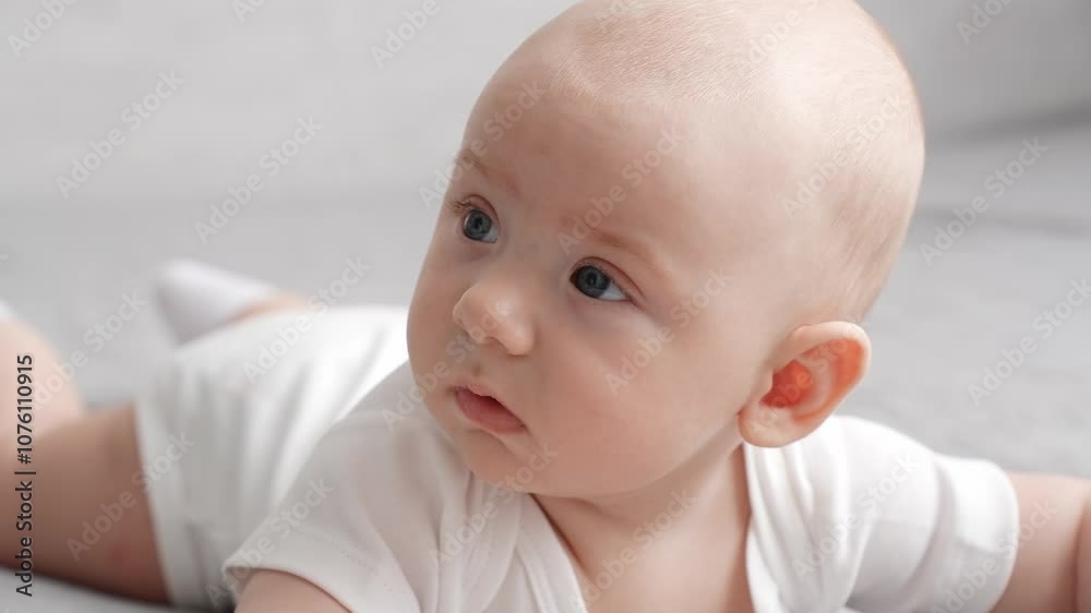 Cute infant lying on tummy exploring world around him, looking at everything around him, preventing formation of baby gas and strengthening muscles neck and arms. Health concept, infancy Cute infant lying on tummy exploring world around him, looking at everything around him, preventing formation of baby gas and strengthening muscles neck and arms. Health concept, infancy