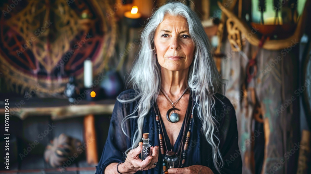 A modern witch with long silver hair stands in a mystical room filled with candles and symbols, holding a small vial of potion