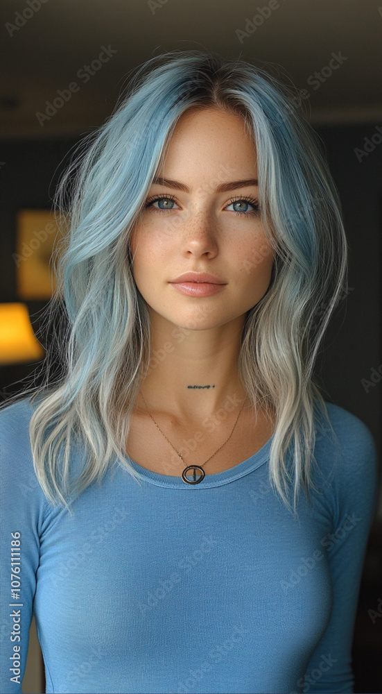 A young woman with long, wavy blue and white hair against a dark background