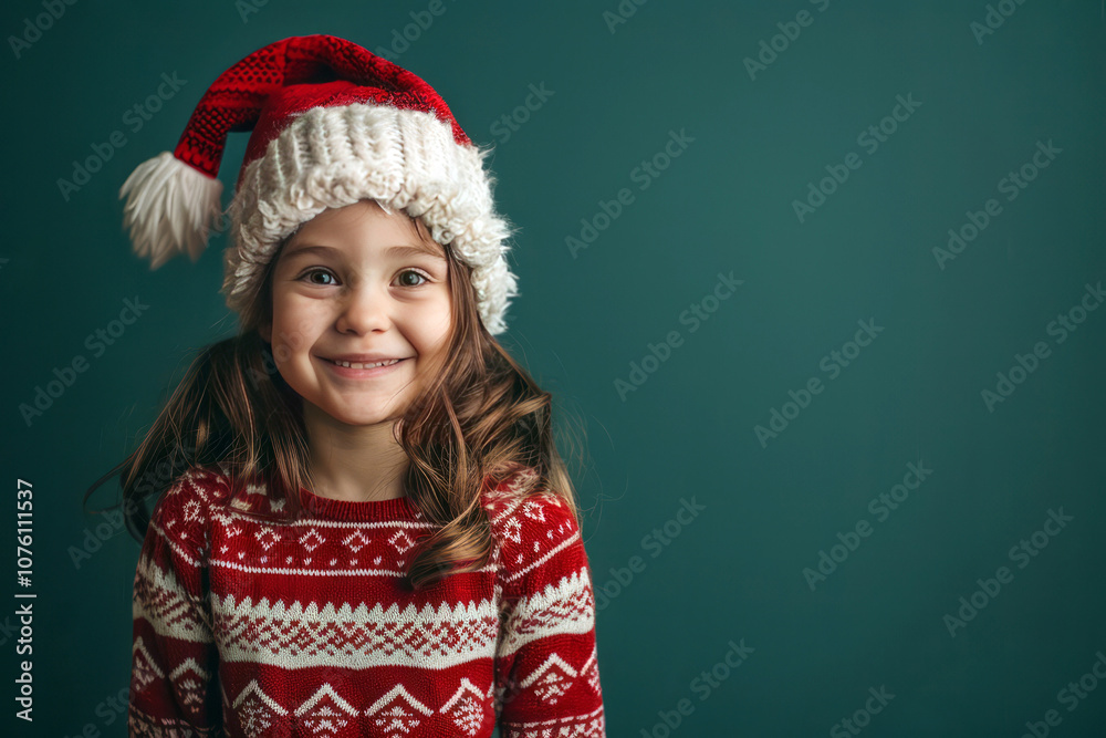 A joyful child girl wearing a Christmas red and white sweater an A joyful child girl wearing a Christmas red and white sweater an