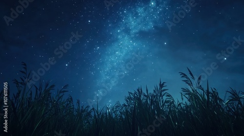 Night Sky with Stars Over Tall Grass Landscape