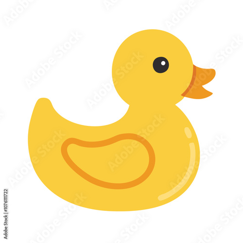 Yellow rubber duck toy illustration, Vector illustration of a classic yellow rubber duck with an orange beak and wing, symbolizing a bath toy and playful childhood item.
