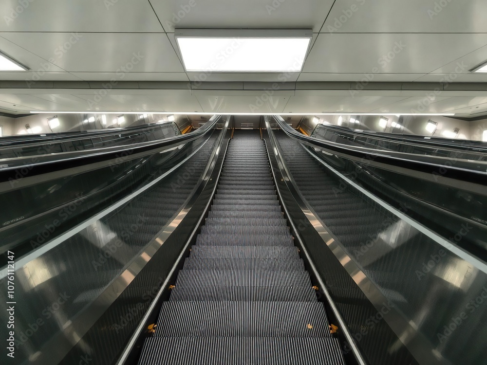 Modern escalator going down to the underground floor with bright lighting and reflective stainless steel surfaces, urban, interior, descent Modern escalator going down to the underground floor with bright lighting and reflective stainless steel surfaces, urban, interior, descent