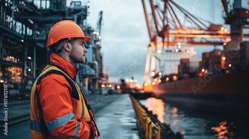 Worker Observing Operations at a Busy Shipping Dock During Twilight, With Cranes and Cargo Ships Illuminated in the Background