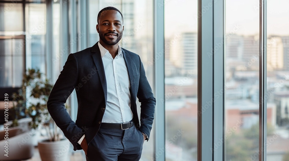 Fototapeta premium A Confident Professional Stands Beside Large Windows, Showcasing a Modern Office Space With a City View During Daylight Hours