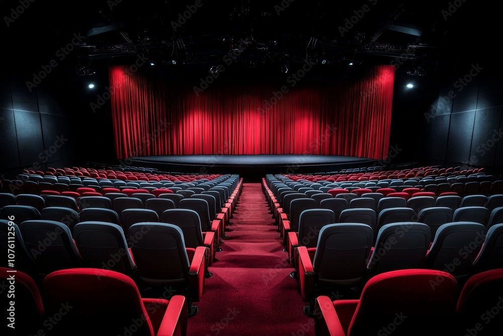 Modern Theater Interior with Red Curtains and Minimalist Design Featuring Rows of Comfortable Seats Awaiting a Performance