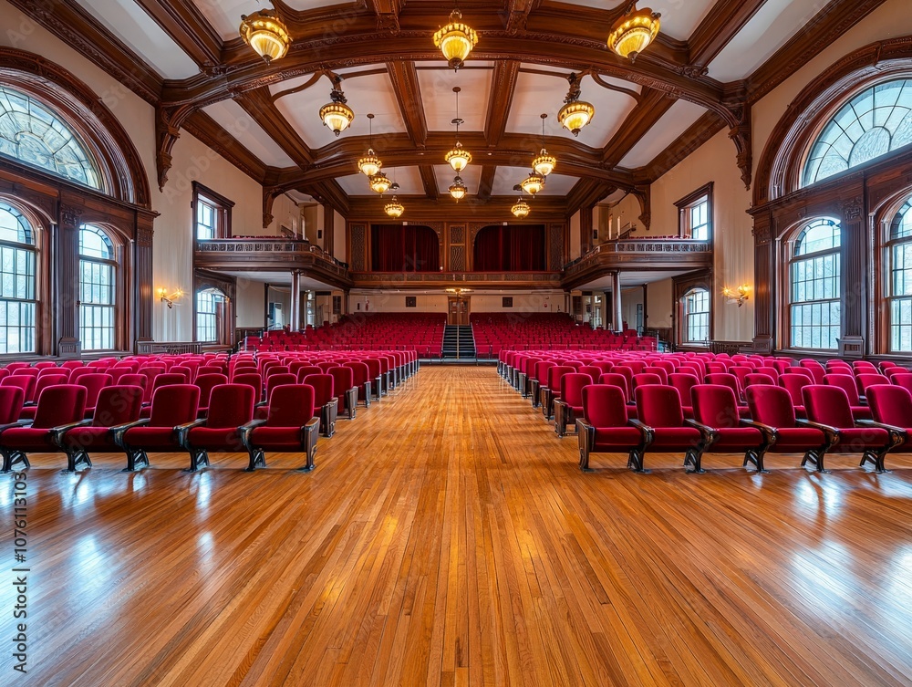 Obraz premium Inside a Historic Theater with Elegant Wooden Floors and Red Upholstered Seating, Capturing the Grandeur of Classic Architecture in a Lively Performance Space