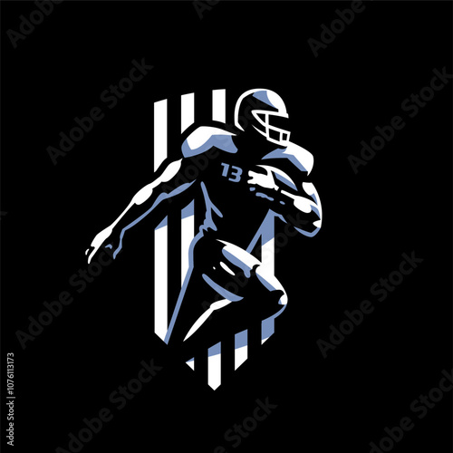 Sports emblem. Football player runs with a ball in his hands. Minimalistic logo