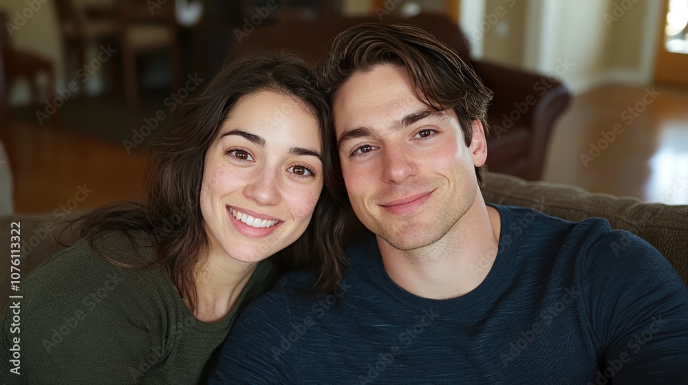 Cheerful Young Couple Smiles Together on a Cozy Couch in Their Inviting Living Room During a Sunny Afternoon, Capturing a Moment of Warmth and Connection Cheerful Young Couple Smiles Together on a Cozy Couch in Their Inviting Living Room During a Sunny Afternoon, Capturing a Moment of Warmth and Connection