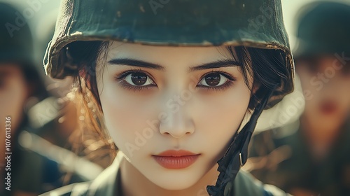 A close-up of a Vietnamese female soldier’s face in a dark Ao Dai, a traditional military helmet resting on her head, her eyes filled with resolve,