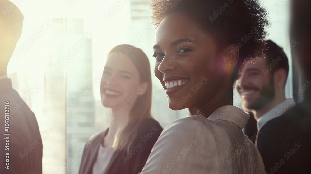 Group of Young Professionals Smiling Together in a Sunlit Office, Enjoying a Moment of Connection During a Team Meeting in a Modern Downtown Location Group of Young Professionals Smiling Together in a Sunlit Office, Enjoying a Moment of Connection During a Team Meeting in a Modern Downtown Location