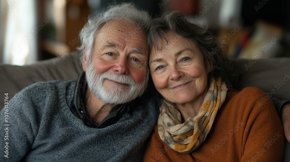 A Joyful Elderly Couple Sharing a Warm Embrace and Smiling Together in a Cozy Living Room During Autumn, Highlighting Their Love and Companionship in Their Golden Years A Joyful Elderly Couple Sharing a Warm Embrace and Smiling Together in a Cozy Living Room During Autumn, Highlighting Their Love and Companionship in Their Golden Years