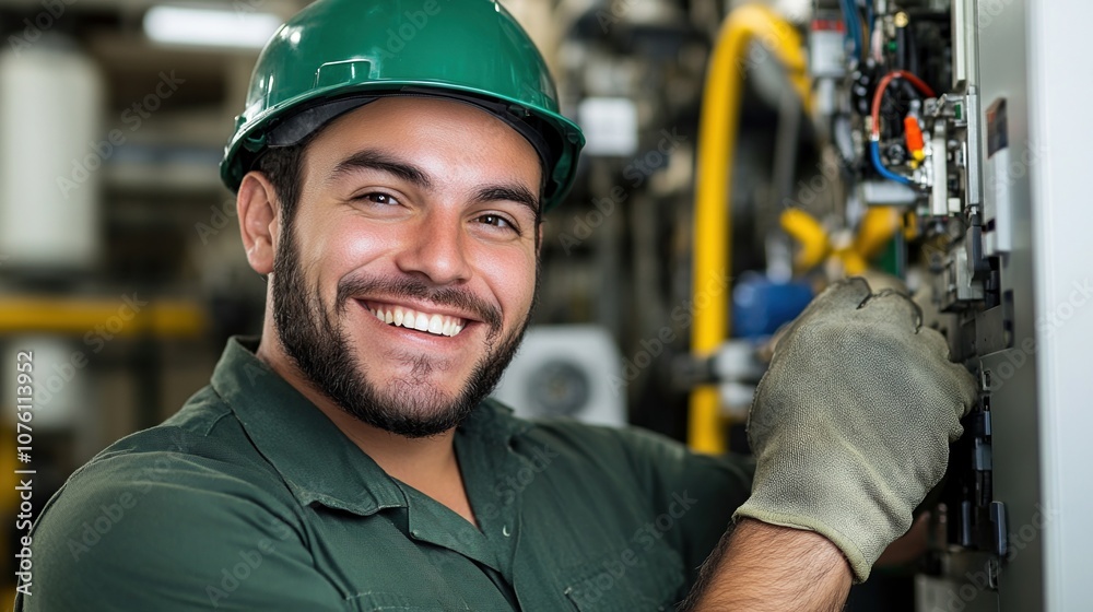 A Smiling Technician Wearing Gloves and a Hard Hat Works Diligently on Electrical Equipment in a Modern Facility During Daytime Repair Operations A Smiling Technician Wearing Gloves and a Hard Hat Works Diligently on Electrical Equipment in a Modern Facility During Daytime Repair Operations