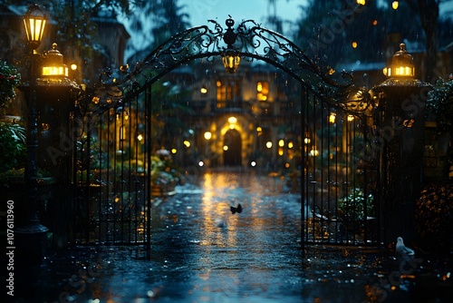 A serene, rain-soaked scene featuring a beautifully lit entrance gate amidst a lush garden, evoking a sense of tranquility and mystery.