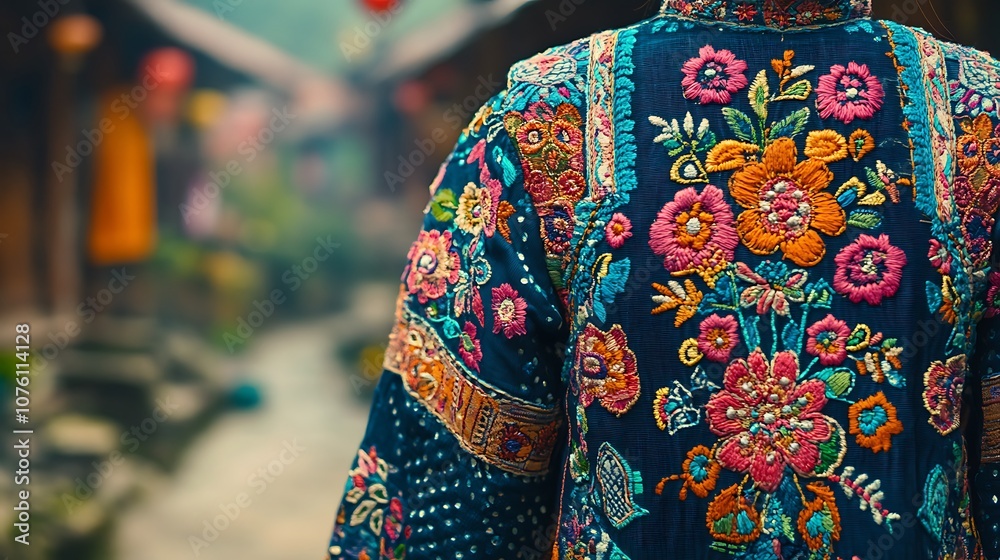 A close-up of the intricate embroidery on a Hmong ethnic dress, featuring bright floral motifs and geometric patterns,